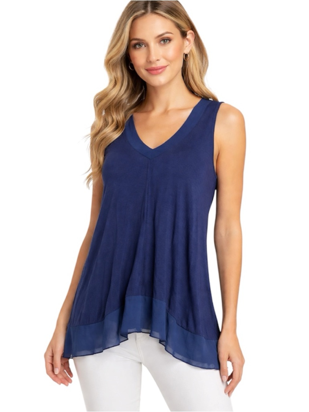 Chelsea & Theodore Navy V-Neck Layered Chiffon Trim Sleeveless Tunic